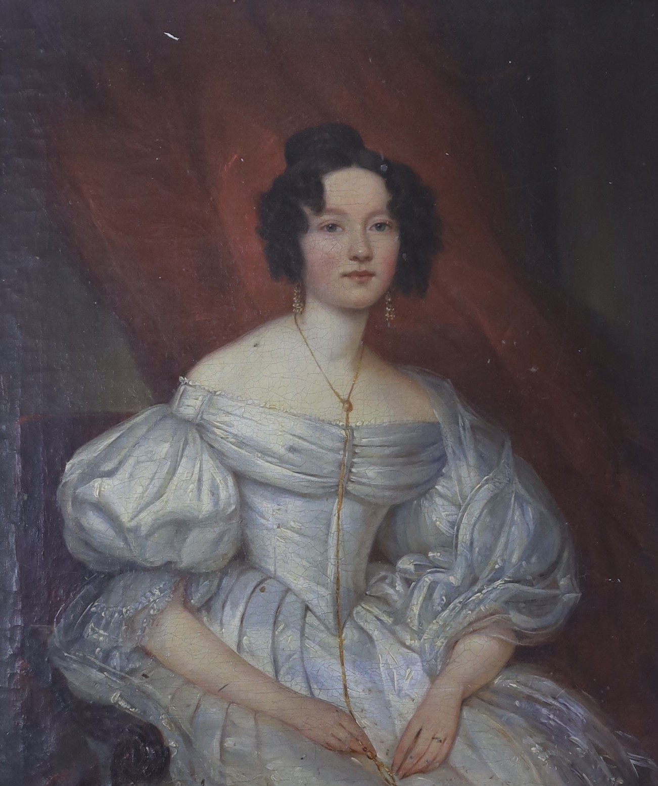 Attributed to William Bradley (1801-1857), oil on canvas, Portrait of Ellen Maingay, daughter of Thomas Maingay Havelet (1816-1865), 34.5 x 29cm